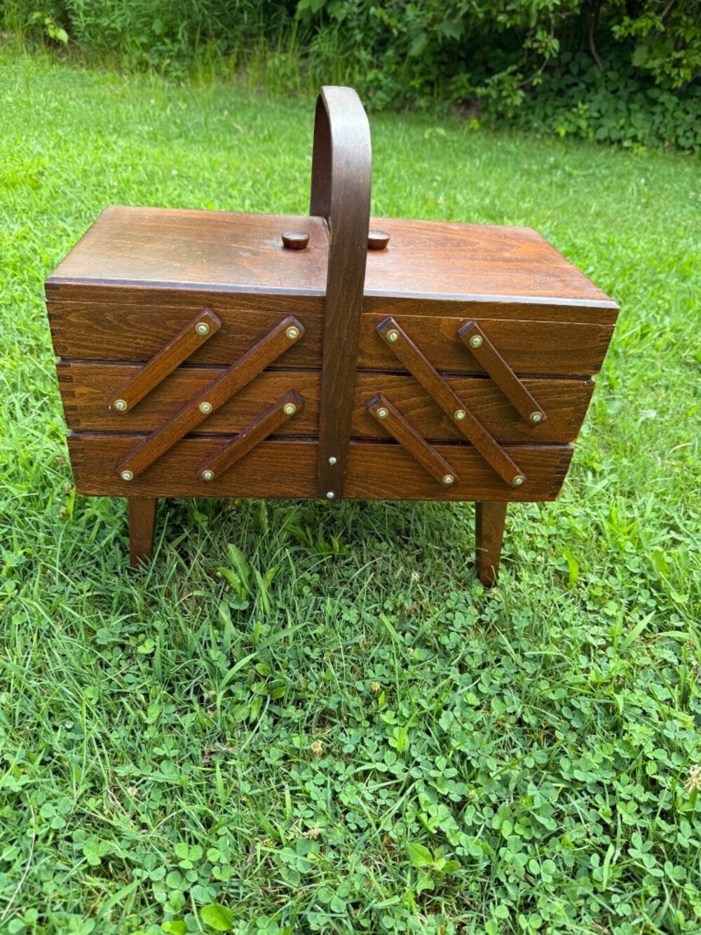 Vintage Wooden Accordion Sewing Box Romania Handle Tiered Cabinet Chest Wood Sto